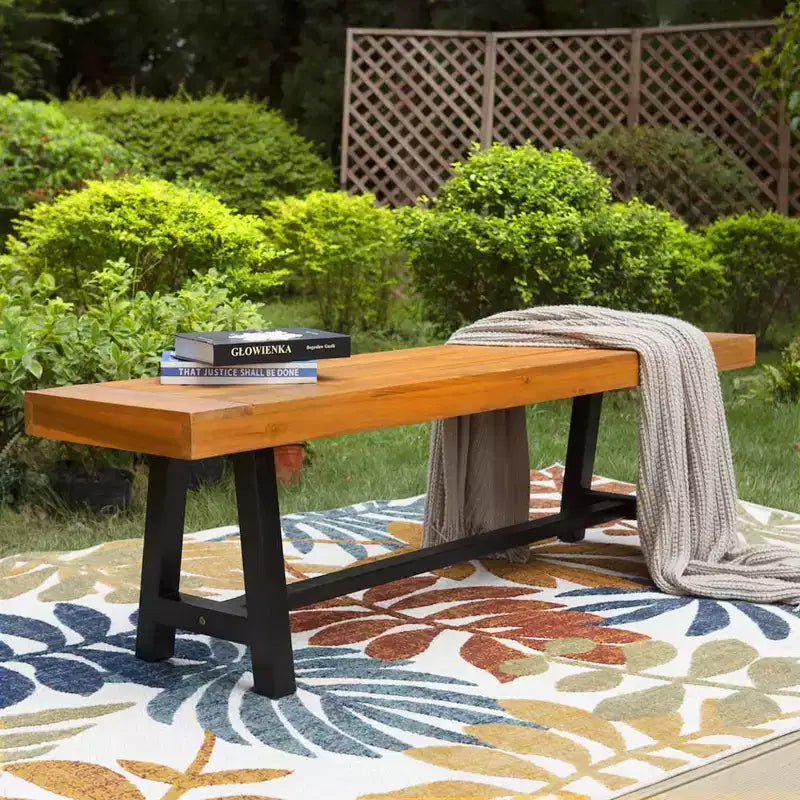Banc de patio rectangulaire en bois d'acacia de 160 cm – Captiva Designs : Résistant aux intempéries, structure en acier, 2 places
