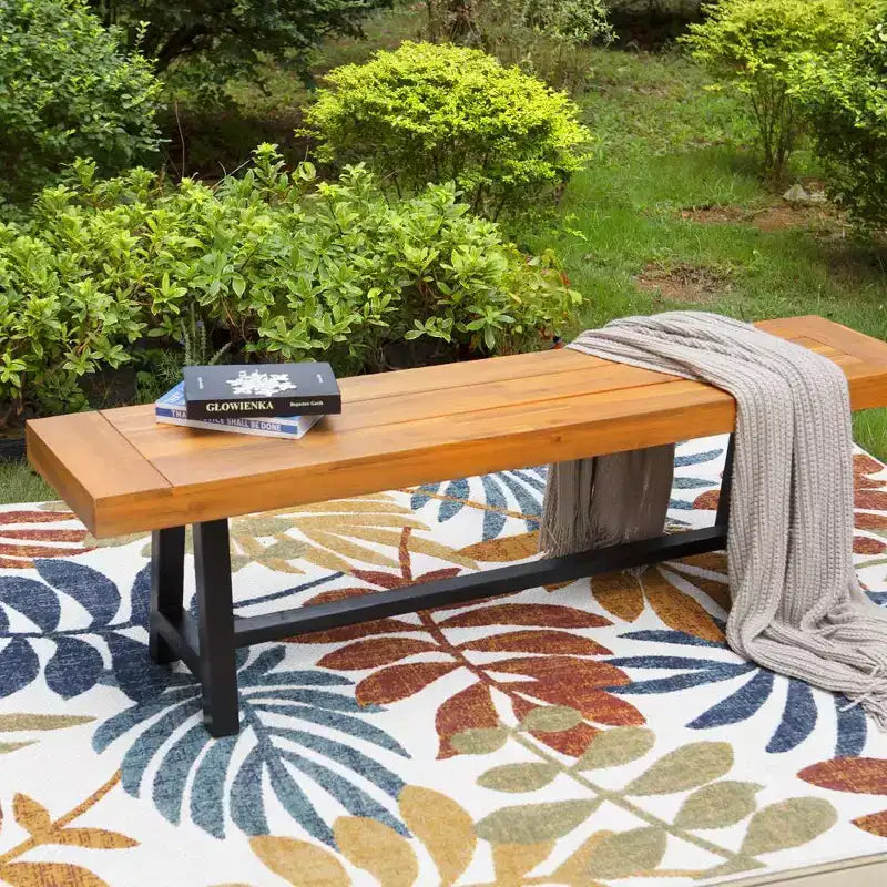Banc de patio rectangulaire en bois d'acacia de 160 cm – Captiva Designs : Résistant aux intempéries, structure en acier, 2 places