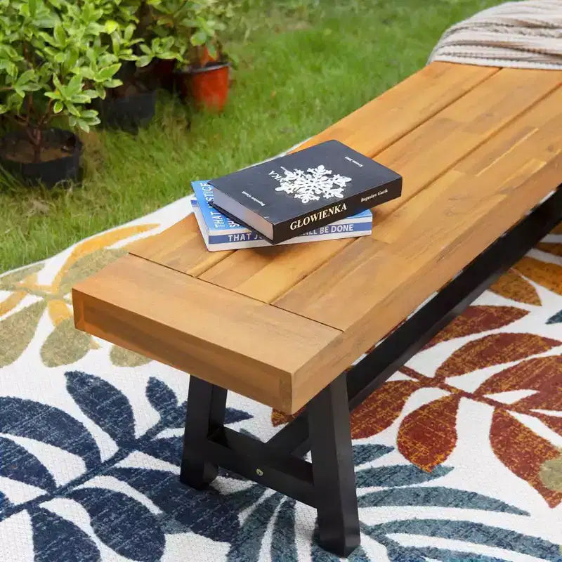 Banc de patio rectangulaire en bois d'acacia de 160 cm – Captiva Designs : Résistant aux intempéries, structure en acier, 2 places