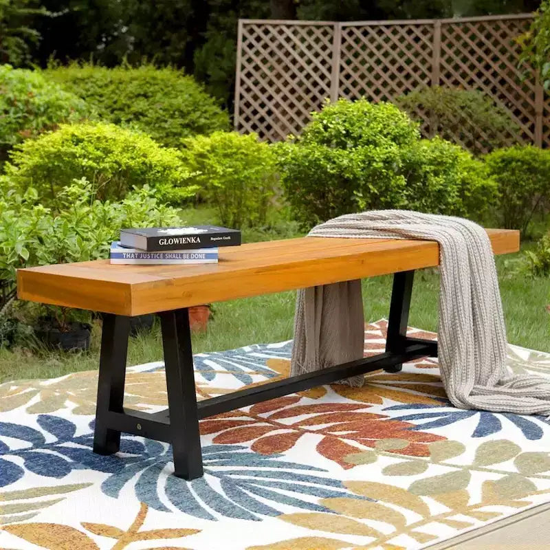 Banc de patio rectangulaire en bois d'acacia de 160 cm – Captiva Designs : Résistant aux intempéries, structure en acier, 2 places