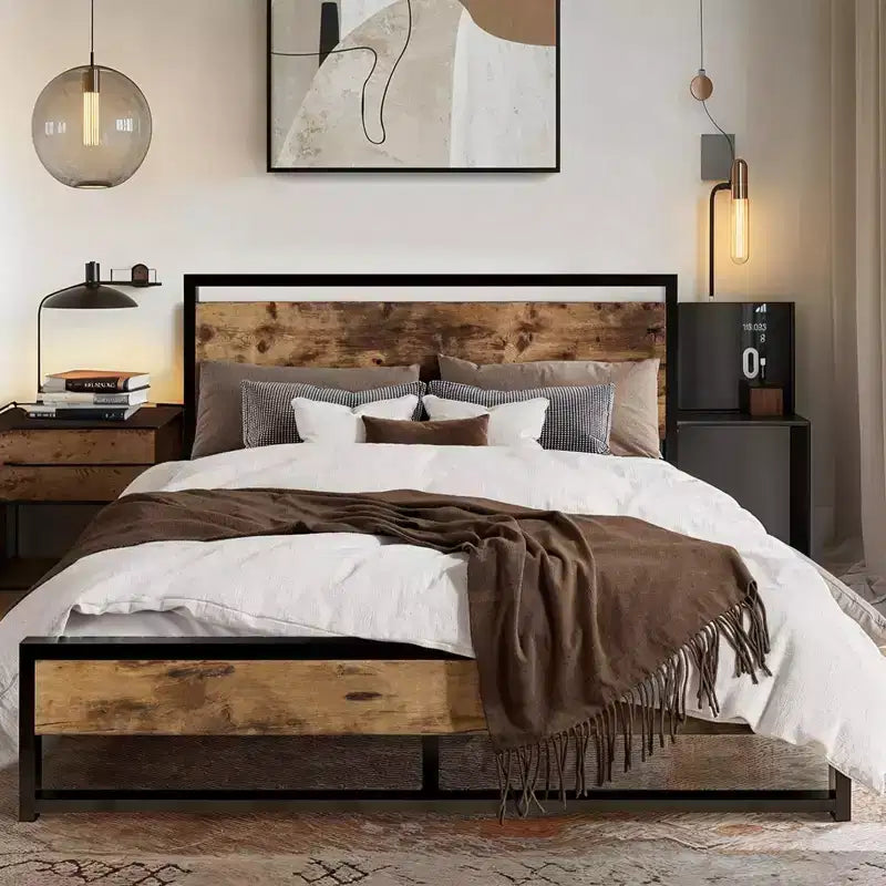 Allewie Metal Bed Frame with Rustic Headboard & Footboard, Sturdy Frame Construction, No Box Spring Needed