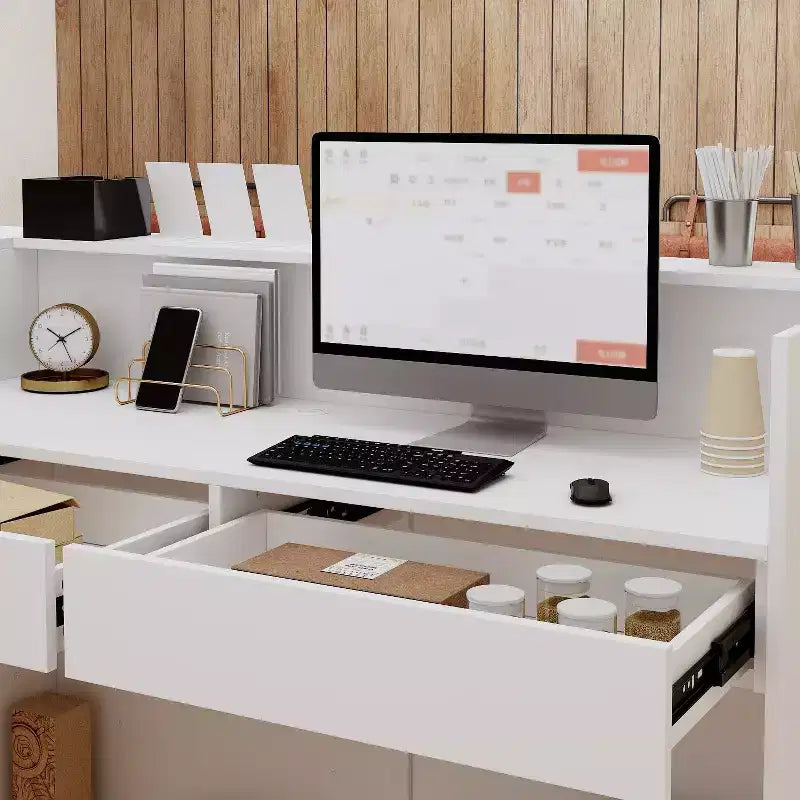 Comptoir de réception en bois blanc avec classeur pour un bureau efficace