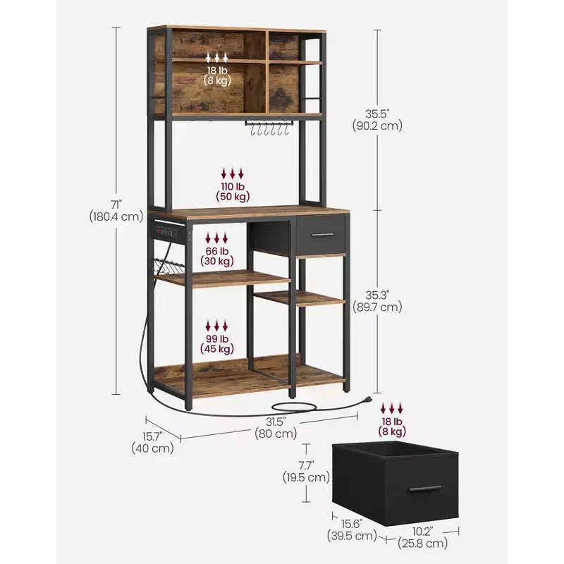 Étagère de Boulanger avec Station de Charge, Bar à Café avec Étagères de Rangement Réglables, Tiroir en Tissu, 12 Crochets, 40 x 80 x 180 cm