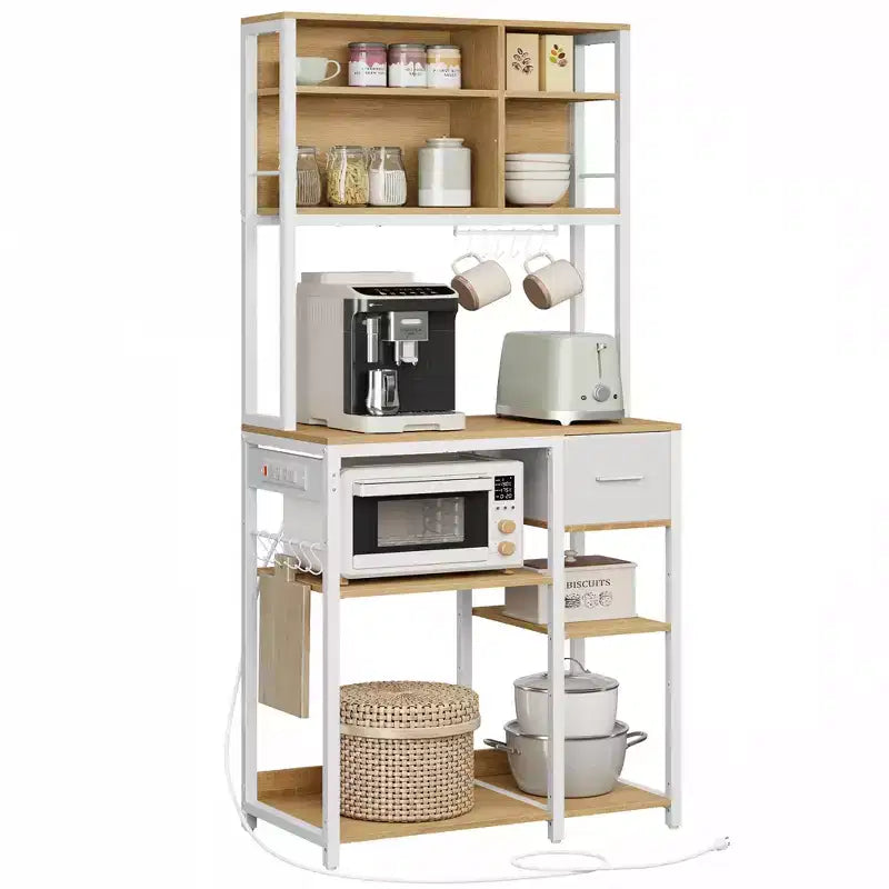 VASAGLE Bakers Rack with Charging Station, Coffee Bar with Adjustable Storage Shelves, Fabric Drawer, 12 Hooks, 15.7 x 31.5 x 71 Inches