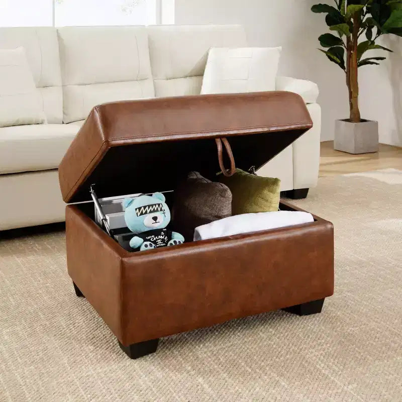 Pouf carré en similicuir avec rangement, repose-pieds, table basse pour salon