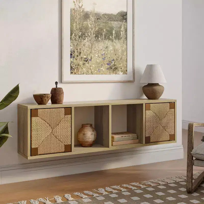 Meuble TV flottant 42", console média murale avec panneau de porte en corde tressée, chêne naturel