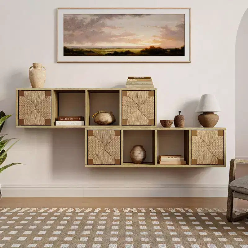 Meuble TV flottant 42", console média murale avec panneau de porte en corde tressée, chêne naturel