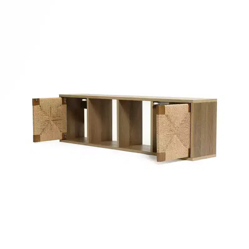Meuble TV flottant 42", console média murale avec panneau de porte en corde tressée, chêne naturel