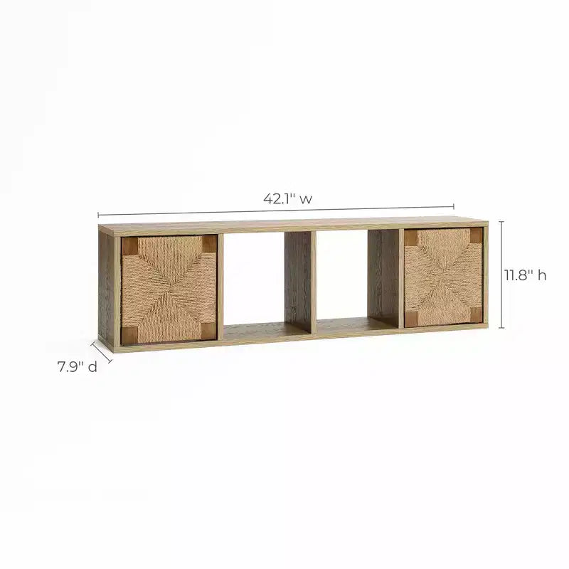 Meuble TV flottant 42", console média murale avec panneau de porte en corde tressée, chêne naturel
