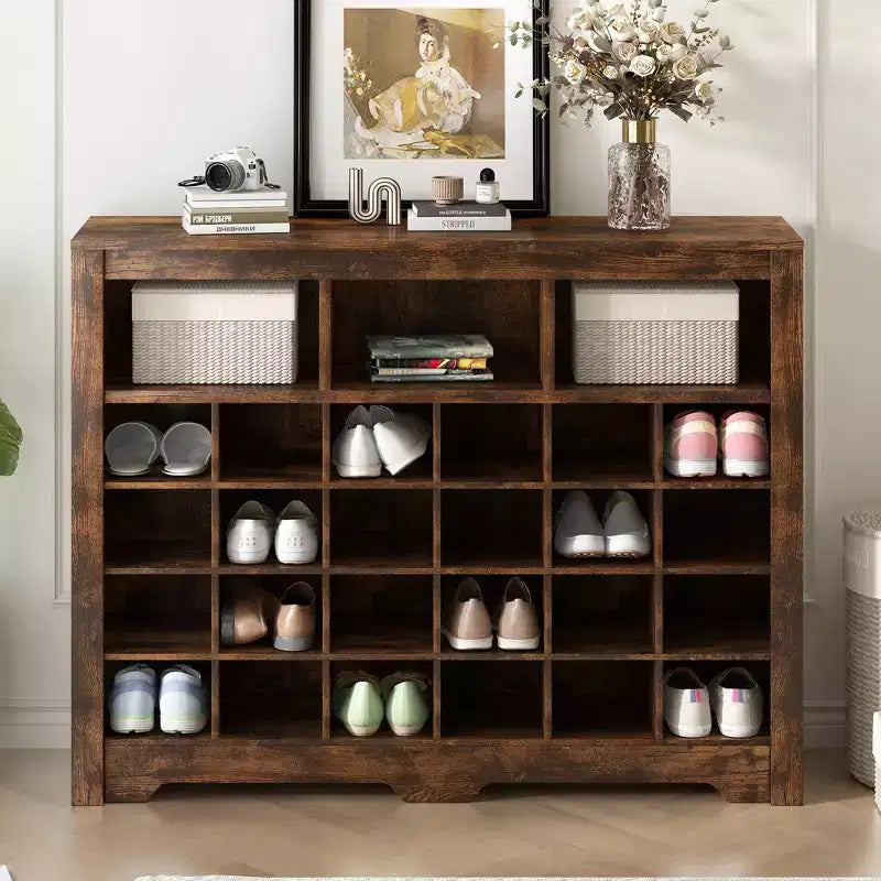 Meuble à chaussures rustique, porte-chaussures d'entrée avec console à 24 casiers à chaussures et base incurvée