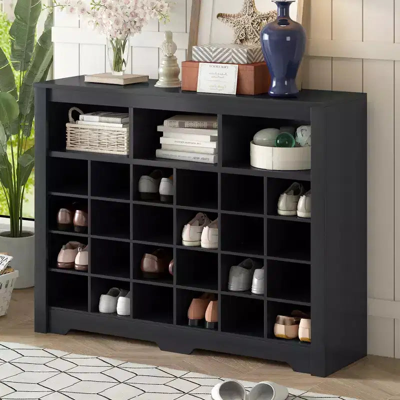 Meuble à chaussures rustique, porte-chaussures d'entrée avec console à 24 casiers à chaussures et base incurvée