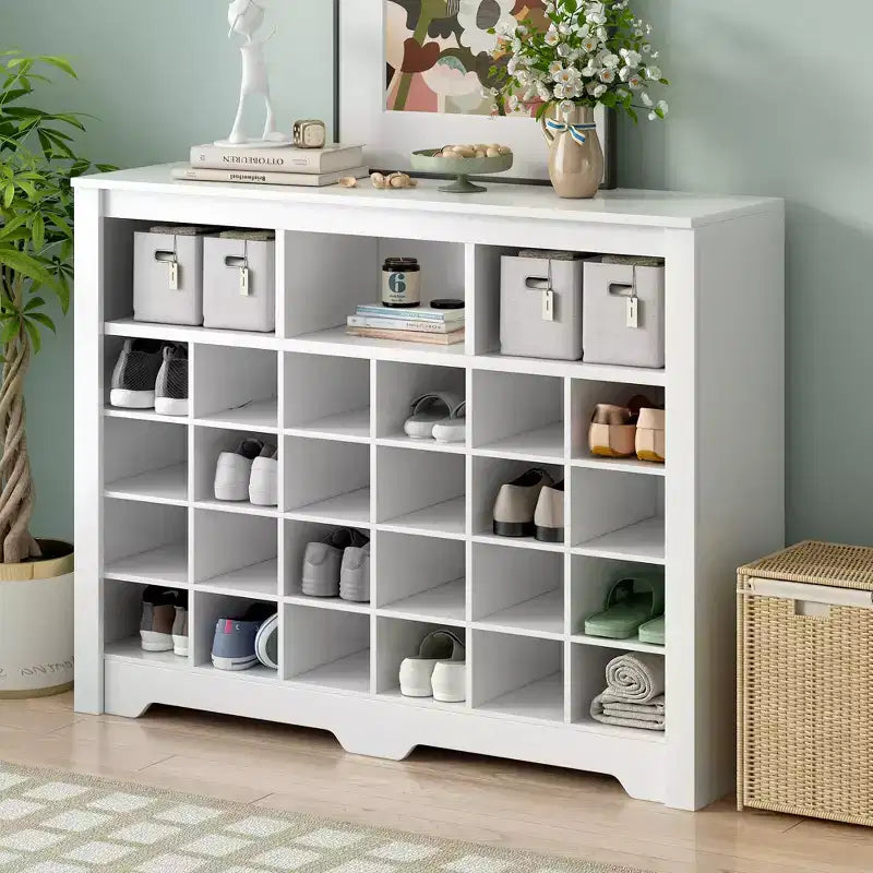 Meuble à chaussures rustique, porte-chaussures d'entrée avec console à 24 casiers à chaussures et base incurvée