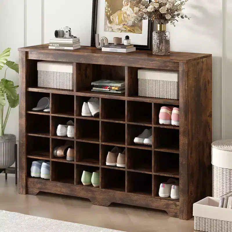 Meuble à chaussures rustique, porte-chaussures d'entrée avec console à 24 casiers à chaussures et base incurvée