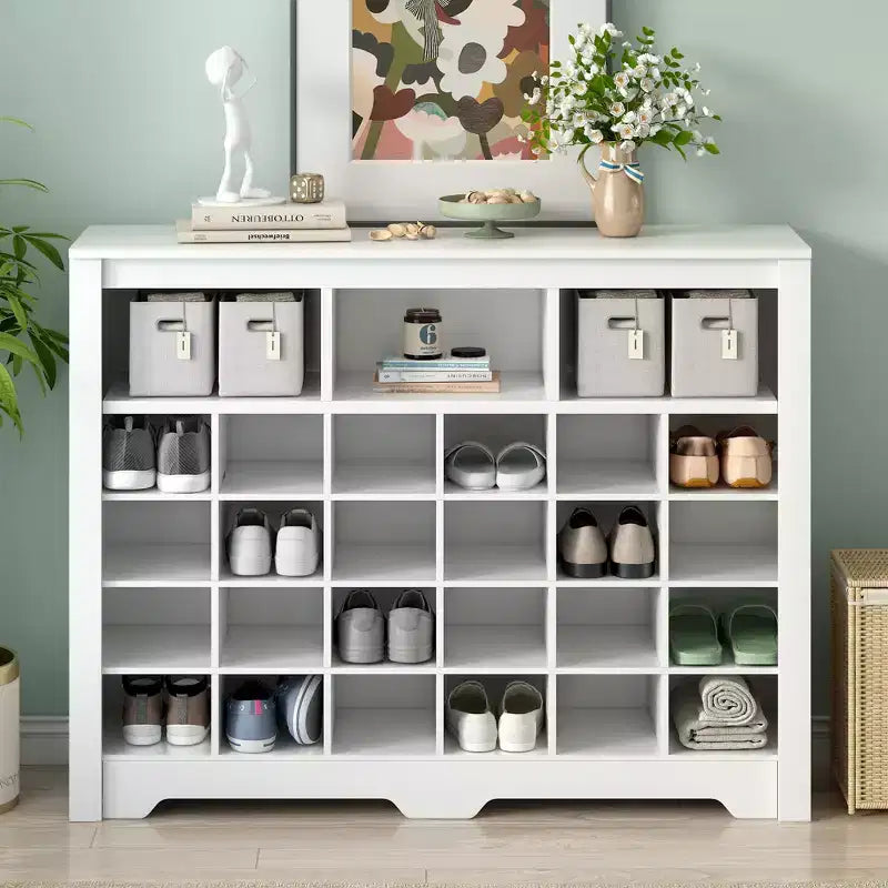 Meuble à chaussures rustique, porte-chaussures d'entrée avec console à 24 casiers à chaussures et base incurvée