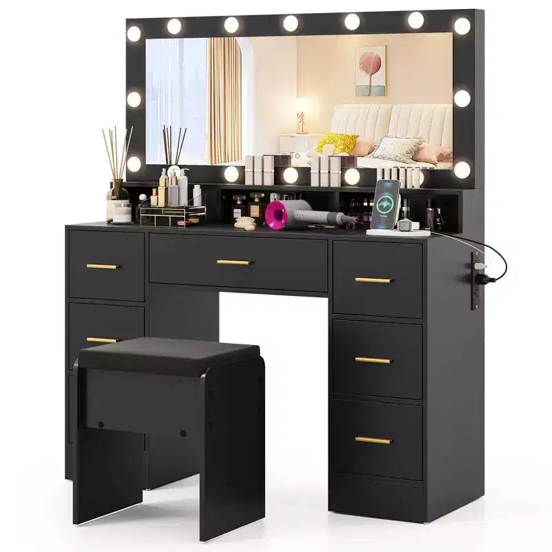 Costway Makeup Vanity Desk with Mirror and Lights Charging Station 3-Color LED Lights Black/White
