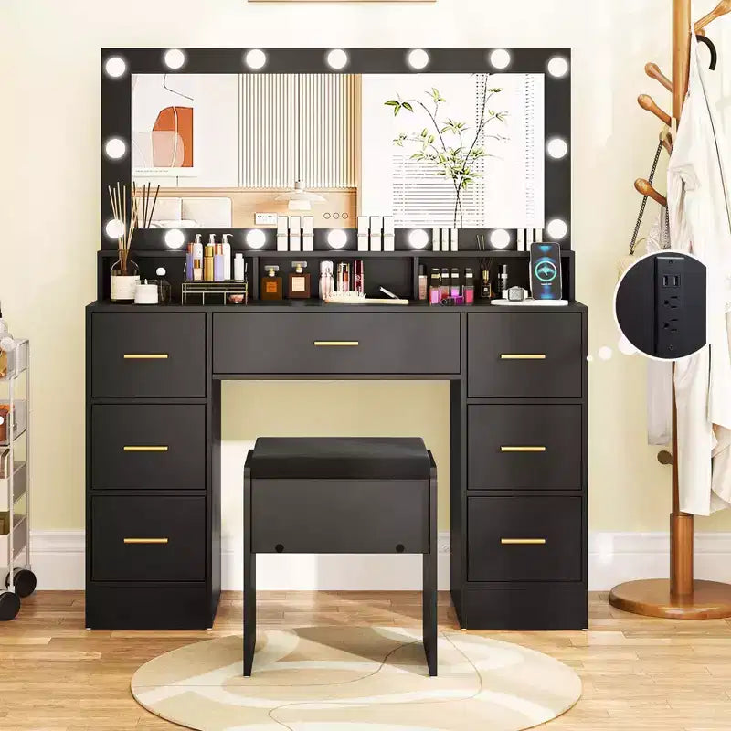 Coiffeuse avec miroir LED, lumières, station de recharge, 7 tiroirs, noir/blanc