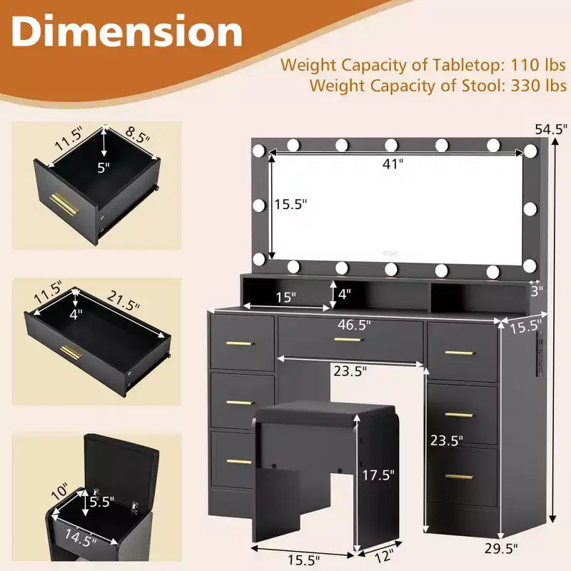 Coiffeuse avec miroir LED, lumières, station de recharge, 7 tiroirs, noir/blanc