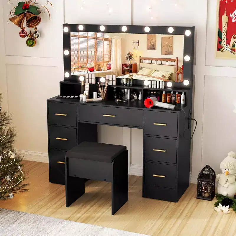 Coiffeuse avec miroir LED, lumières, station de recharge, 7 tiroirs, noir/blanc