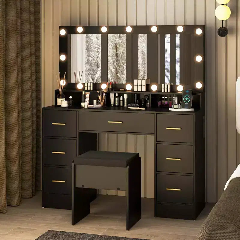 Coiffeuse avec miroir LED, lumières, station de recharge, 7 tiroirs, noir/blanc