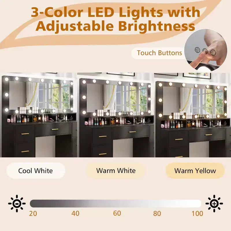 Coiffeuse avec miroir LED, lumières, station de recharge, 7 tiroirs, noir/blanc