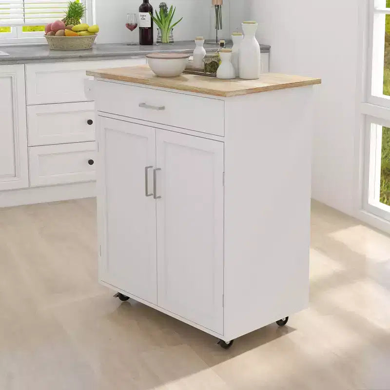 Îlot de cuisine mobile en bois blanc de 83 cm avec porte-serviettes et étagères réglables