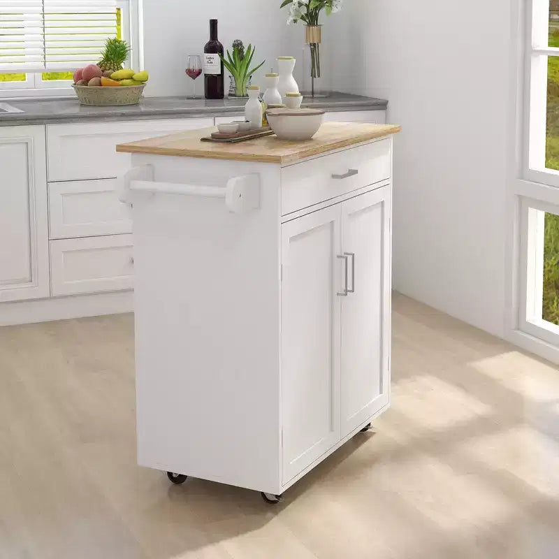 Îlot de cuisine mobile en bois blanc de 83 cm avec porte-serviettes et étagères réglables