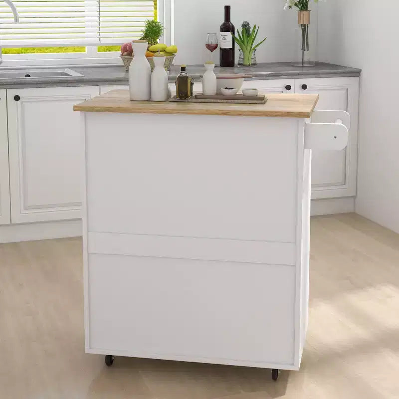 Îlot de cuisine mobile en bois blanc de 83 cm avec porte-serviettes et étagères réglables