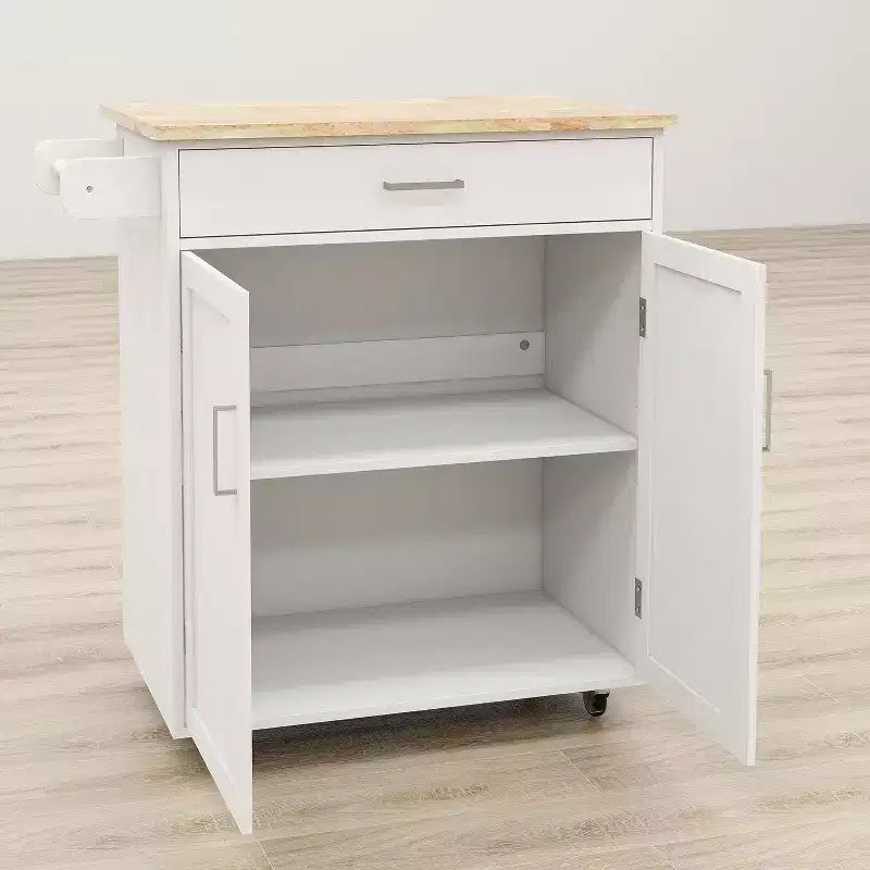 Îlot de cuisine mobile en bois blanc de 83 cm avec porte-serviettes et étagères réglables