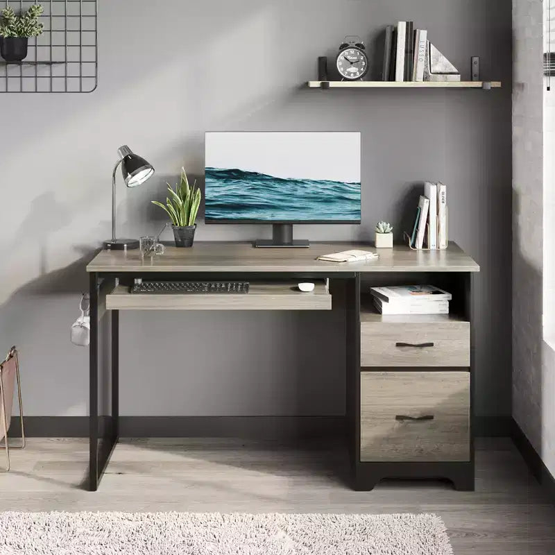 Bureau d'ordinateur 122 cm avec tiroirs de classement et de rangement, bureau d'écriture avec tiroir à clavier, crochet pratique et compartiments ouverts