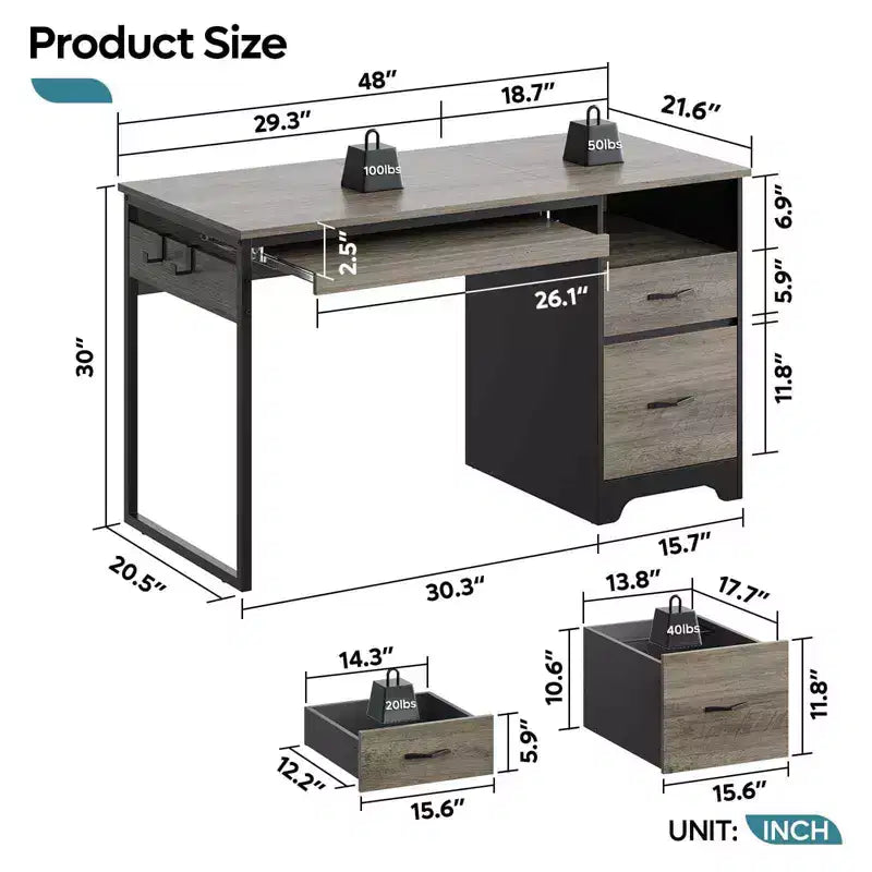 Bureau d'ordinateur 122 cm avec tiroirs de classement et de rangement, bureau d'écriture avec tiroir à clavier, crochet pratique et compartiments ouverts