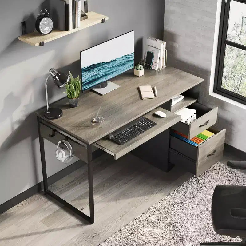 Bureau d'ordinateur 122 cm avec tiroirs de classement et de rangement, bureau d'écriture avec tiroir à clavier, crochet pratique et compartiments ouverts
