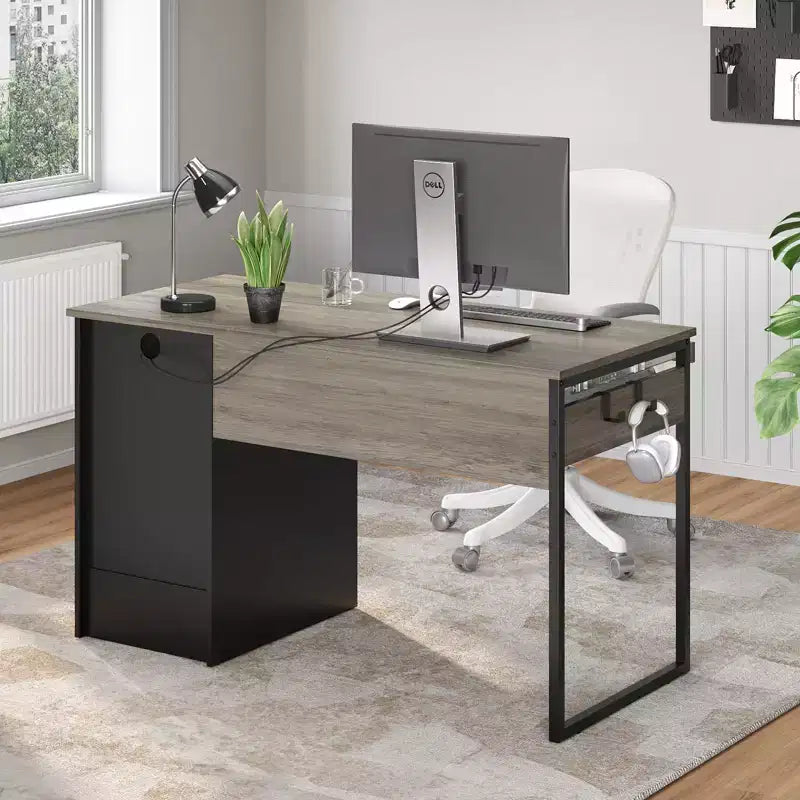 Bureau d'ordinateur 122 cm avec tiroirs de classement et de rangement, bureau d'écriture avec tiroir à clavier, crochet pratique et compartiments ouverts