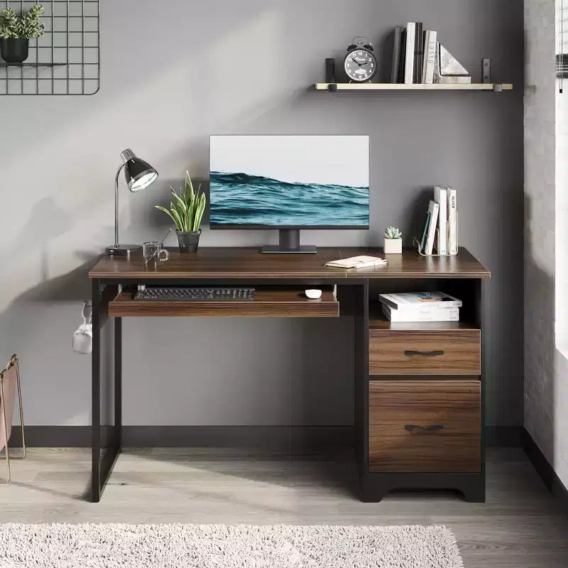 Bureau d'ordinateur 122 cm avec tiroirs de classement et de rangement, bureau d'écriture avec tiroir à clavier, crochet pratique et compartiments ouverts