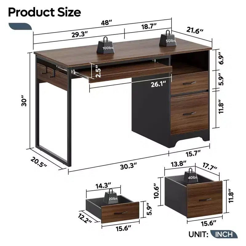 Bureau d'ordinateur 122 cm avec tiroirs de classement et de rangement, bureau d'écriture avec tiroir à clavier, crochet pratique et compartiments ouverts
