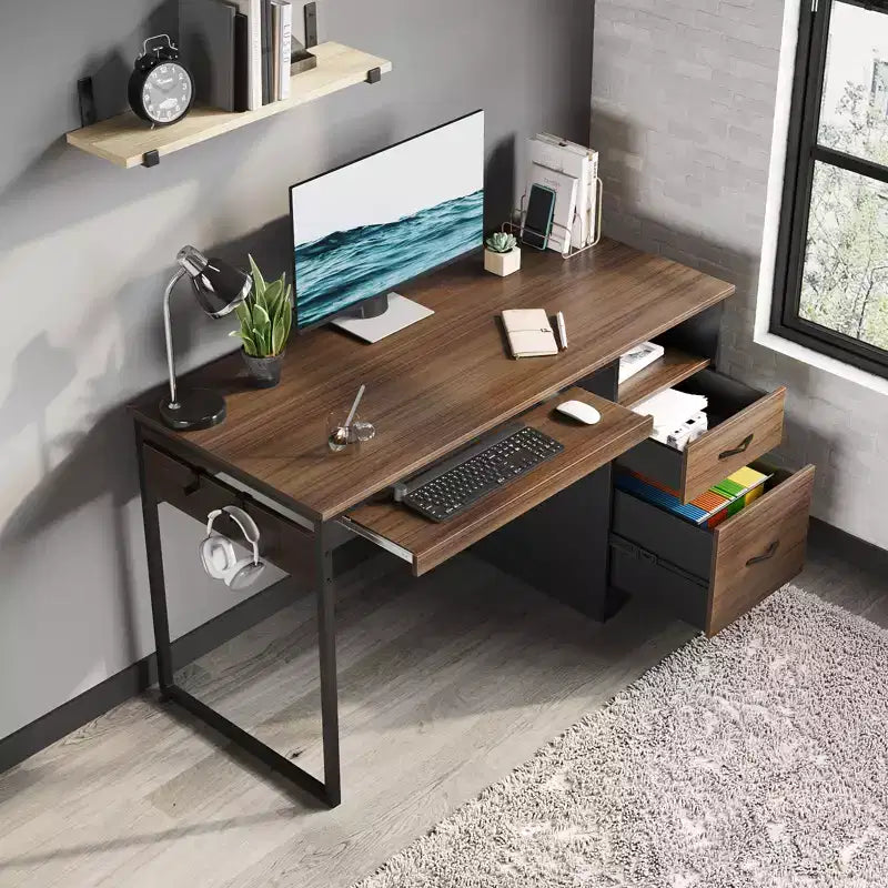 Bureau d'ordinateur 122 cm avec tiroirs de classement et de rangement, bureau d'écriture avec tiroir à clavier, crochet pratique et compartiments ouverts