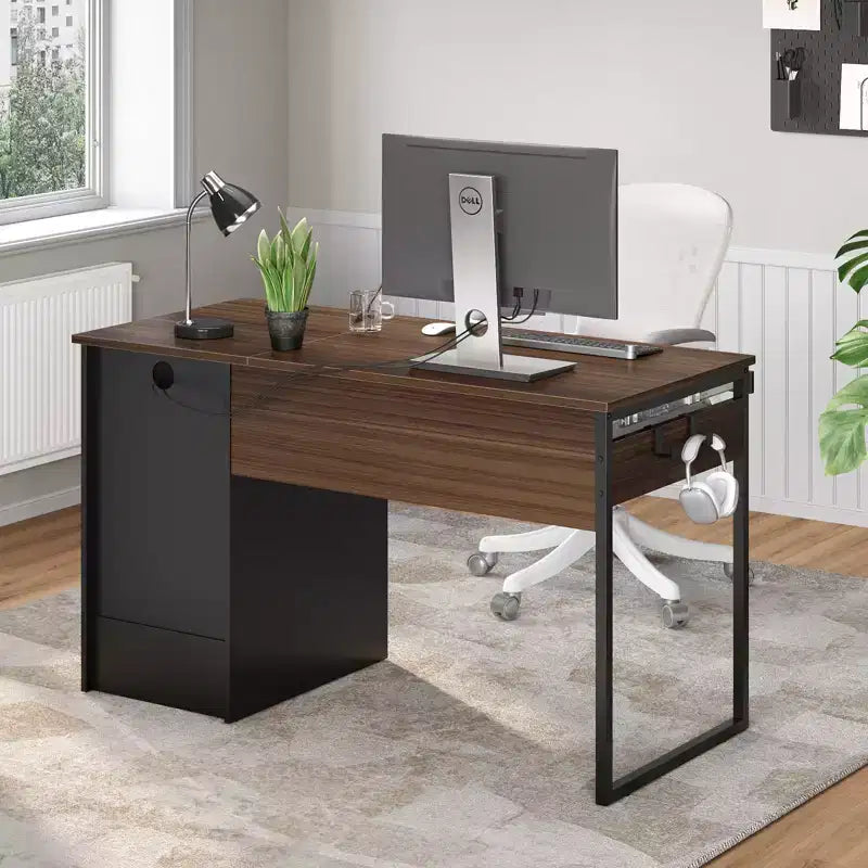 Bureau d'ordinateur 122 cm avec tiroirs de classement et de rangement, bureau d'écriture avec tiroir à clavier, crochet pratique et compartiments ouverts
