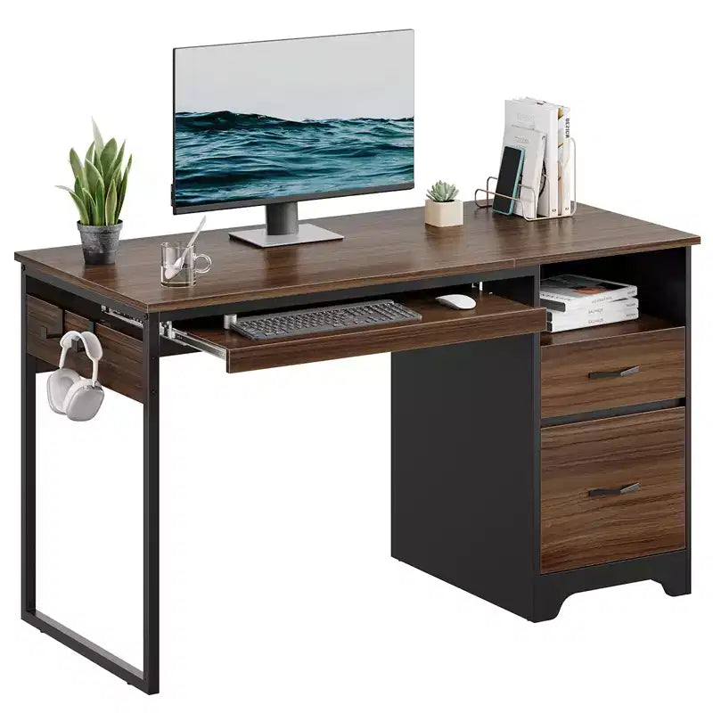 48'' Computer Desk with File and Storage Drawers, Writing Desk with Keyboard Tray&Practical Hook and Open Compartments