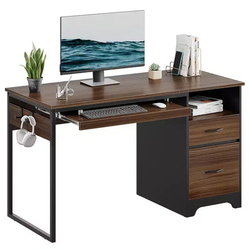 48'' Computer Desk with File and Storage Drawers, Writing Desk with Keyboard Tray&Practical Hook and Open Compartments