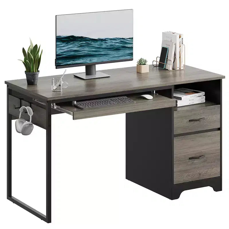 Bureau d'ordinateur 122 cm avec tiroirs de classement et de rangement, bureau d'écriture avec tiroir à clavier, crochet pratique et compartiments ouverts