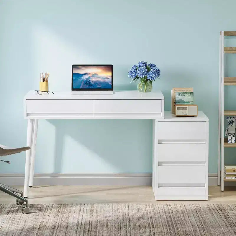 Bureau d'ordinateur moderne laqué, bureau réversible avec tiroirs de rangement