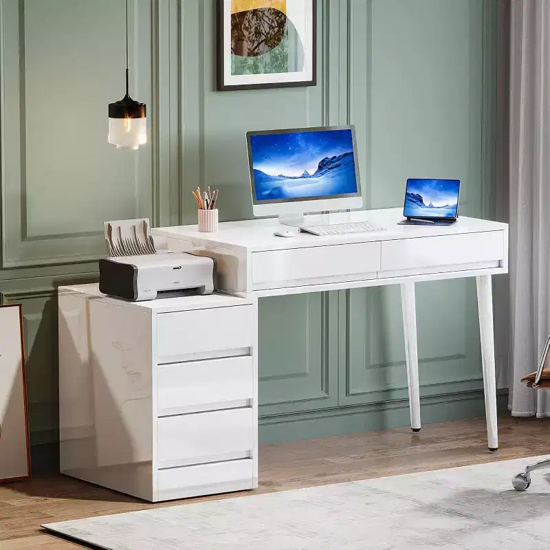 Bureau d'ordinateur moderne laqué, bureau réversible avec tiroirs de rangement