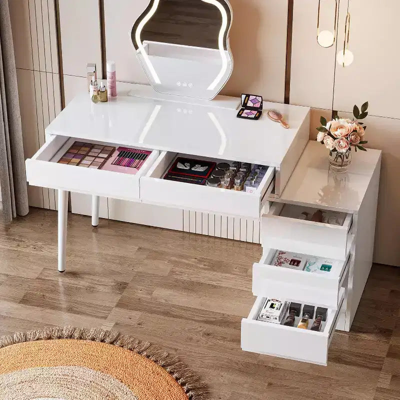 Bureau d'ordinateur moderne laqué, bureau réversible avec tiroirs de rangement