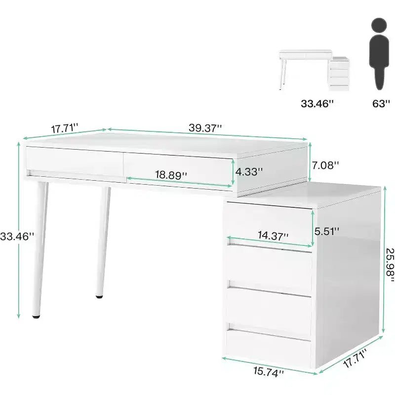 Bureau d'ordinateur moderne laqué, bureau réversible avec tiroirs de rangement