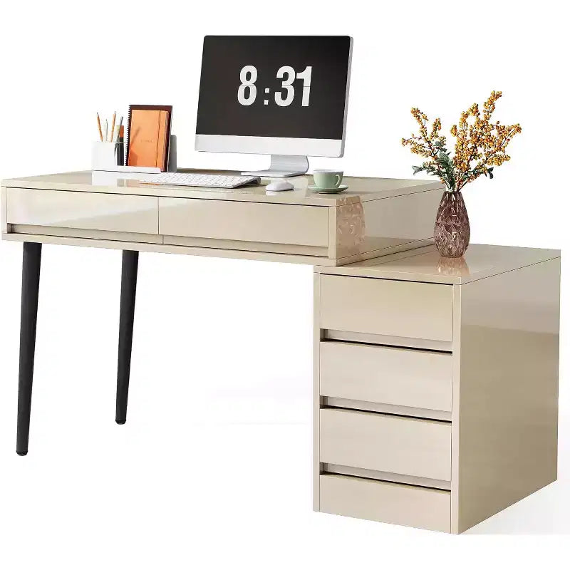 Bureau d'ordinateur moderne laqué, bureau réversible avec tiroirs de rangement