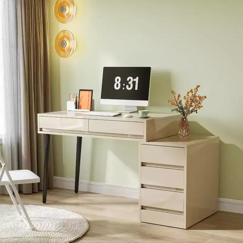 Bureau d'ordinateur moderne laqué, bureau réversible avec tiroirs de rangement