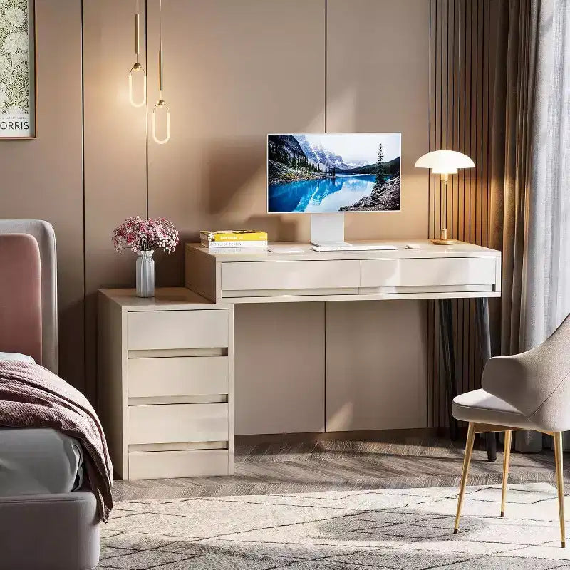 Bureau d'ordinateur moderne laqué, bureau réversible avec tiroirs de rangement