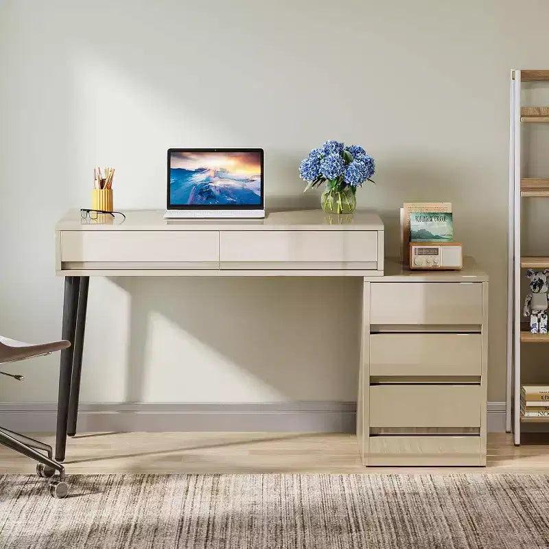 Bureau d'ordinateur moderne laqué, bureau réversible avec tiroirs de rangement