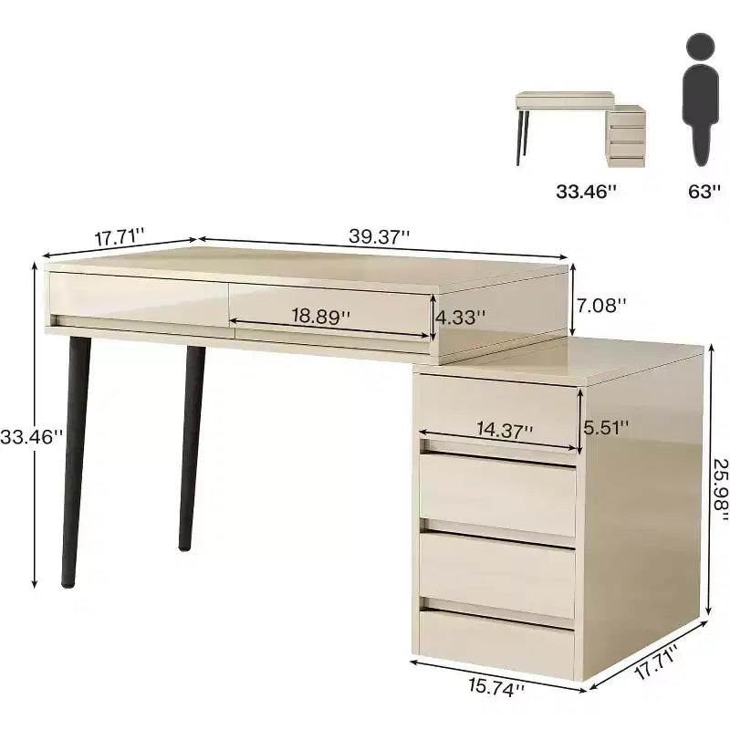 Bureau d'ordinateur moderne laqué, bureau réversible avec tiroirs de rangement