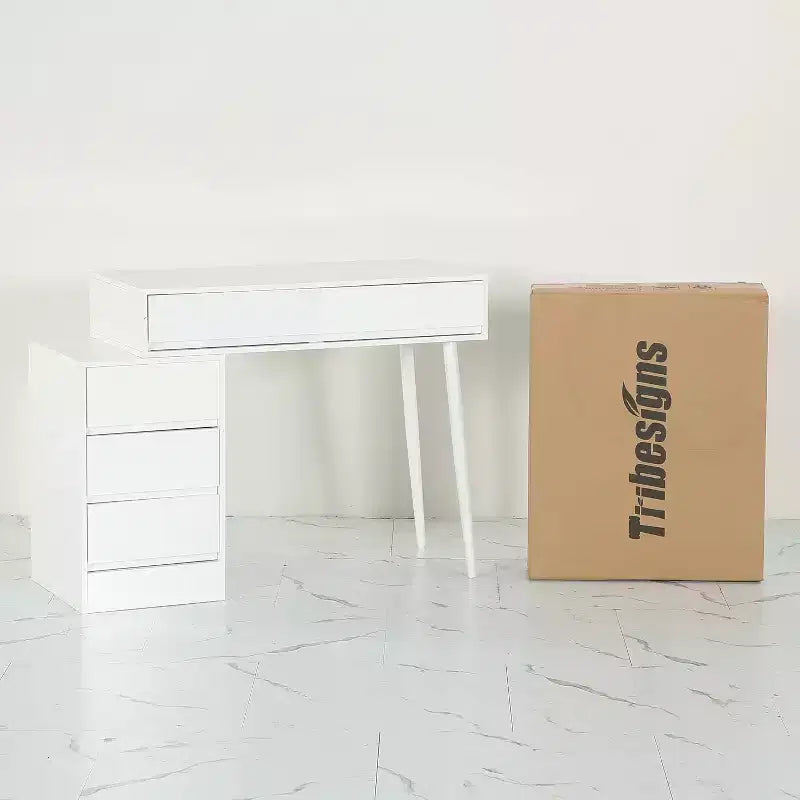Bureau d'ordinateur moderne laqué, bureau réversible avec tiroirs de rangement