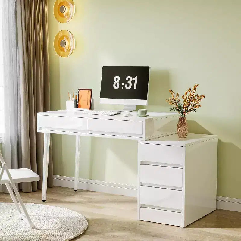Bureau d'ordinateur moderne laqué, bureau réversible avec tiroirs de rangement